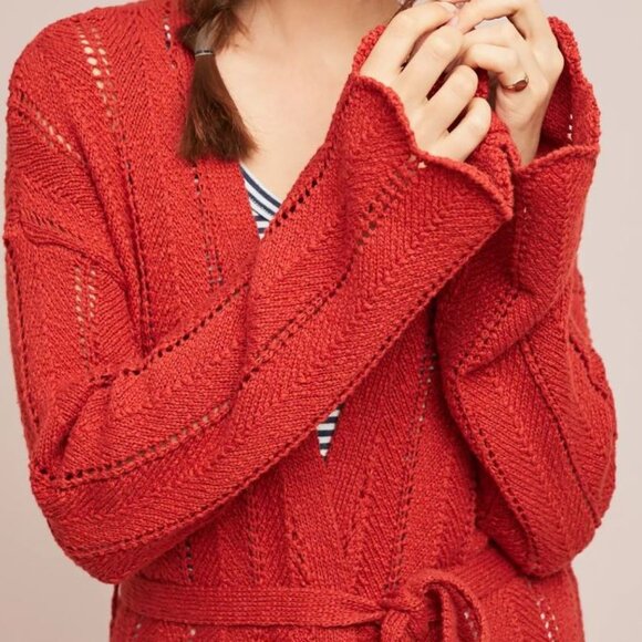 Meadow Rue | Anthropologie Priscilla Pointelle Cardigan in Rust Red | Size Small - Picture 2 of 13